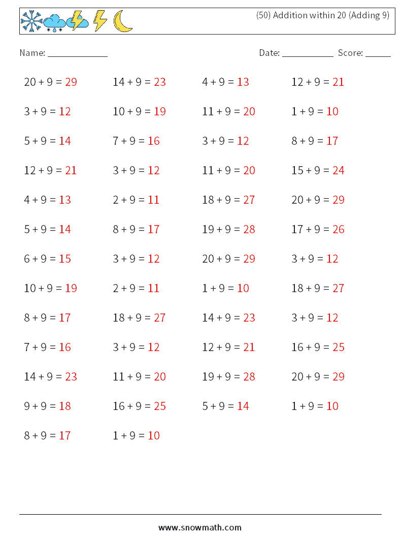 (50) Addition within 20 (Adding 9) Maths Worksheets 1 Question, Answer