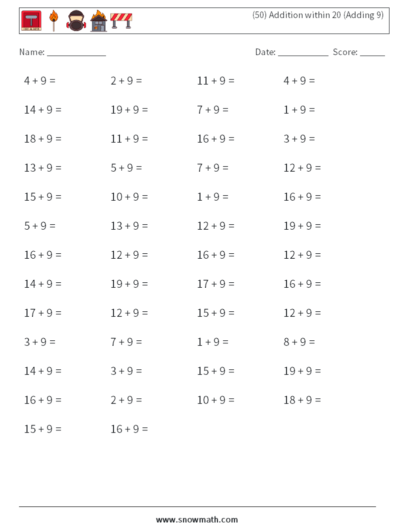 (50) Addition within 20 (Adding 9) Maths Worksheets 4