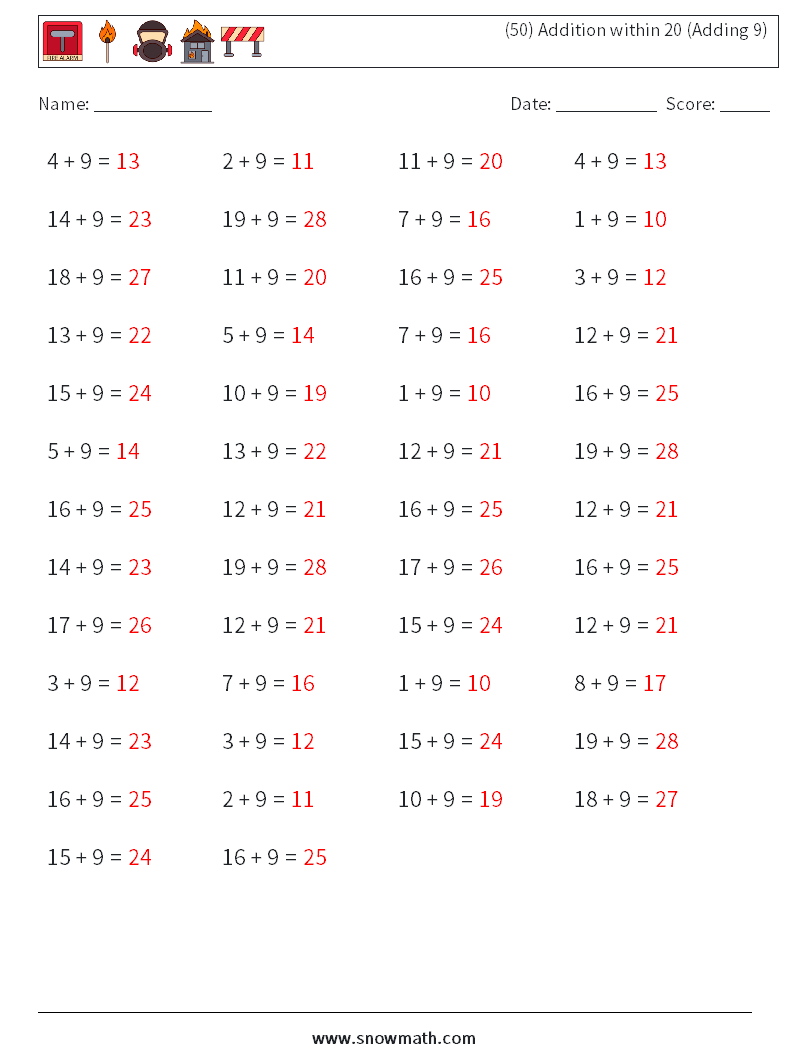 (50) Addition within 20 (Adding 9) Maths Worksheets 4 Question, Answer