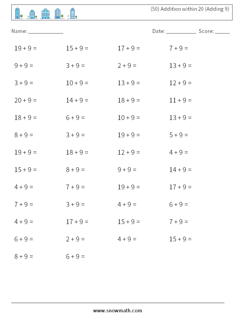 (50) Addition within 20 (Adding 9) Maths Worksheets 5