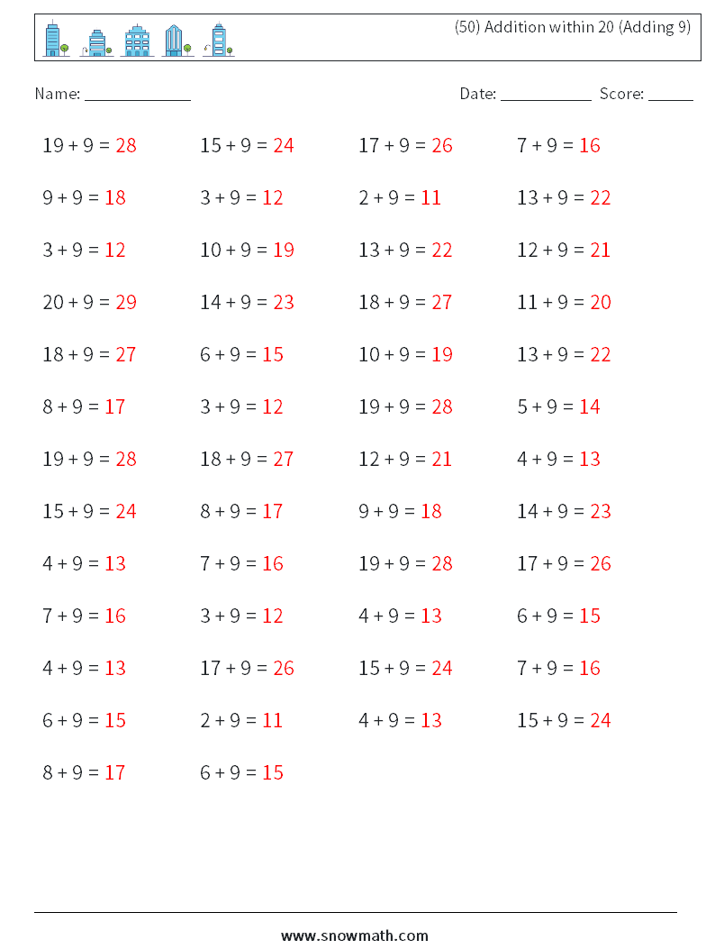 (50) Addition within 20 (Adding 9) Maths Worksheets 5 Question, Answer