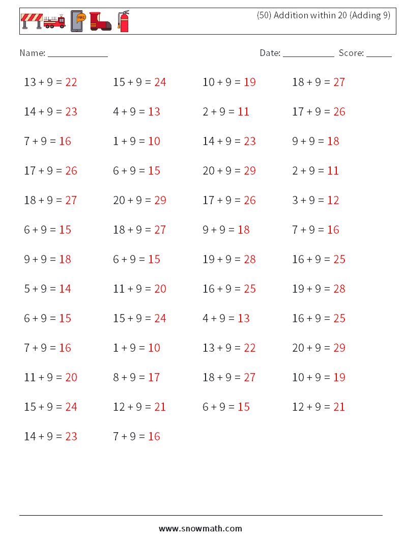 (50) Addition within 20 (Adding 9) Maths Worksheets 7 Question, Answer