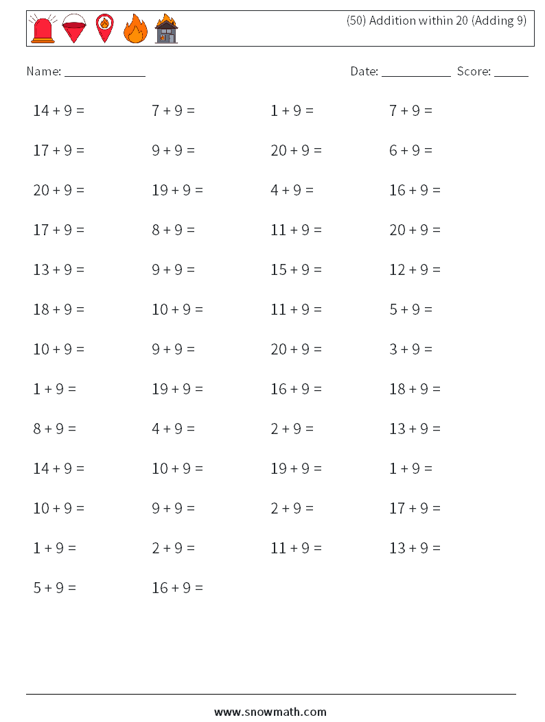 (50) Addition within 20 (Adding 9) Maths Worksheets 8