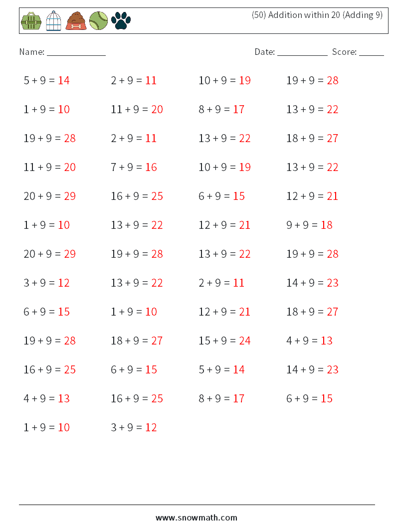 (50) Addition within 20 (Adding 9) Maths Worksheets 9 Question, Answer