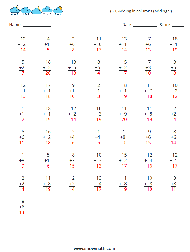 (50) Adding in columns (Adding 9) Maths Worksheets 10 Question, Answer