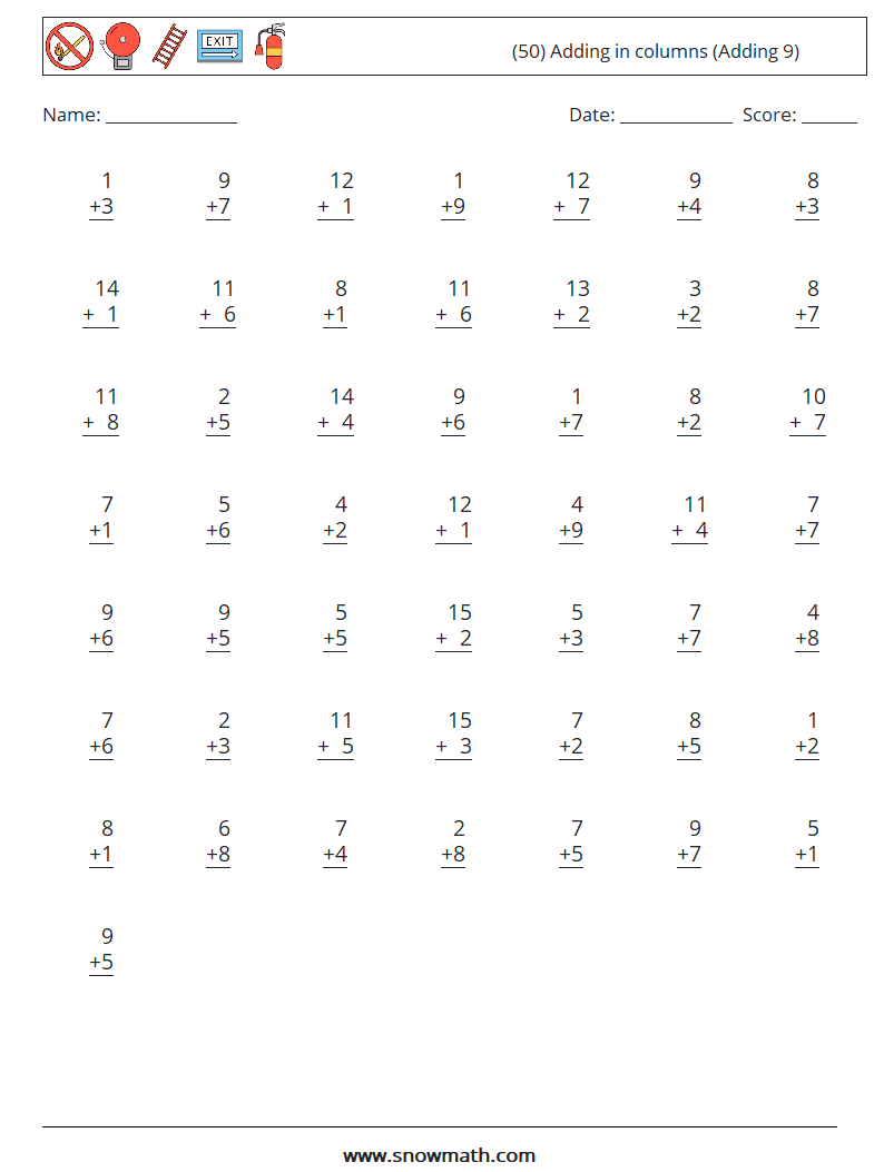(50) Adding in columns (Adding 9) Maths Worksheets 11