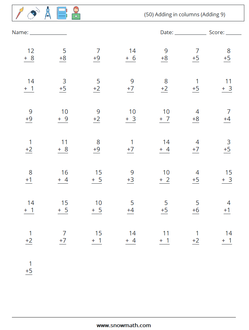 (50) Adding in columns (Adding 9) Maths Worksheets 13