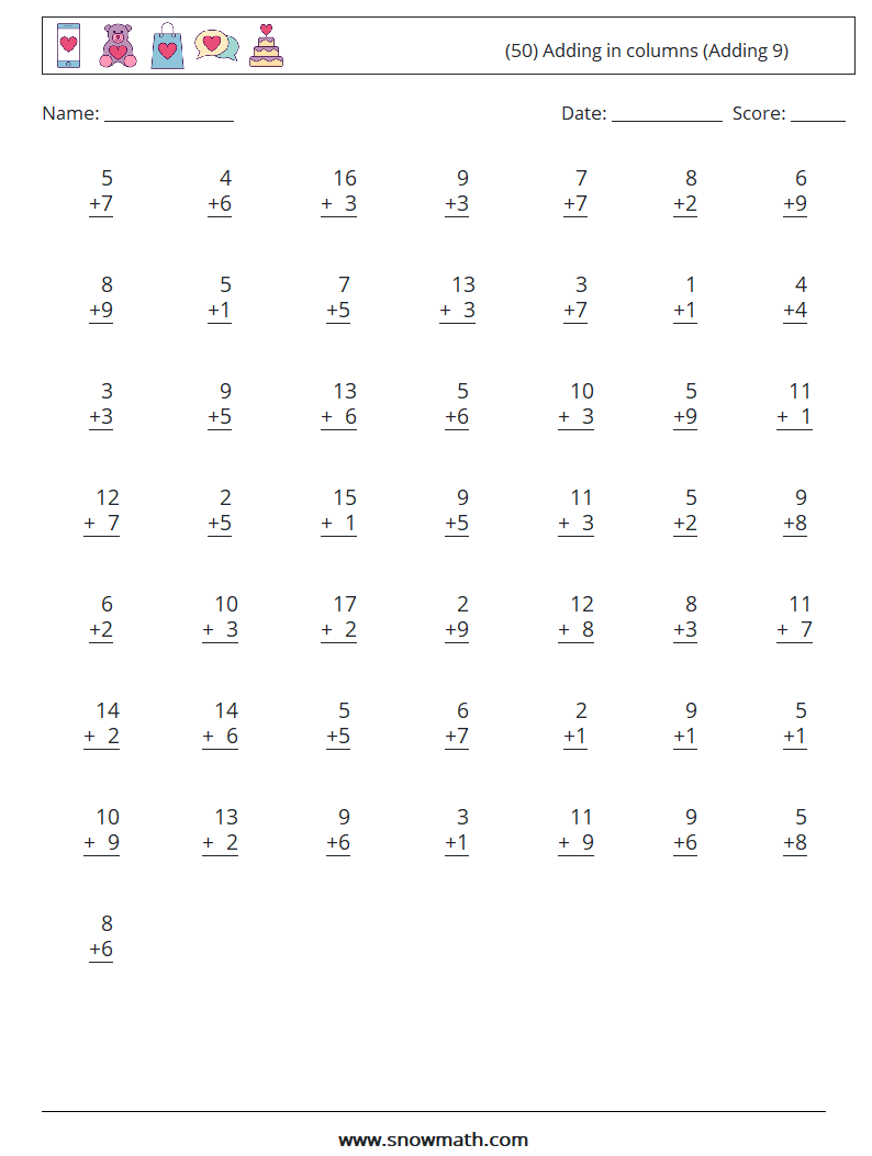 (50) Adding in columns (Adding 9) Maths Worksheets 14