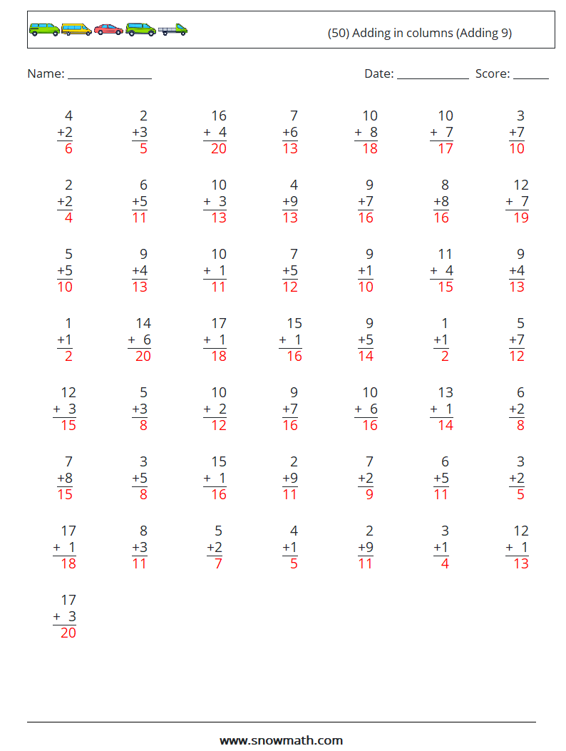 (50) Adding in columns (Adding 9) Maths Worksheets 15 Question, Answer