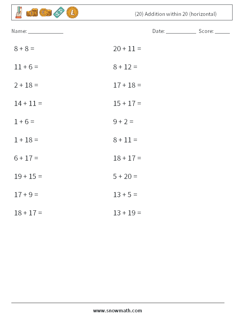 (20) Addition within 20 (horizontal) Maths Worksheets 1