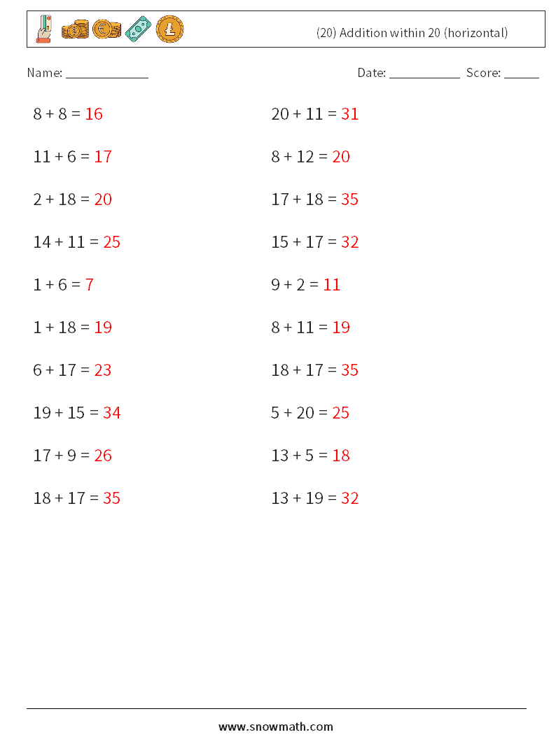 (20) Addition within 20 (horizontal) Maths Worksheets 1 Question, Answer