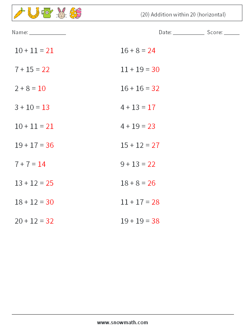 (20) Addition within 20 (horizontal) Maths Worksheets 2 Question, Answer