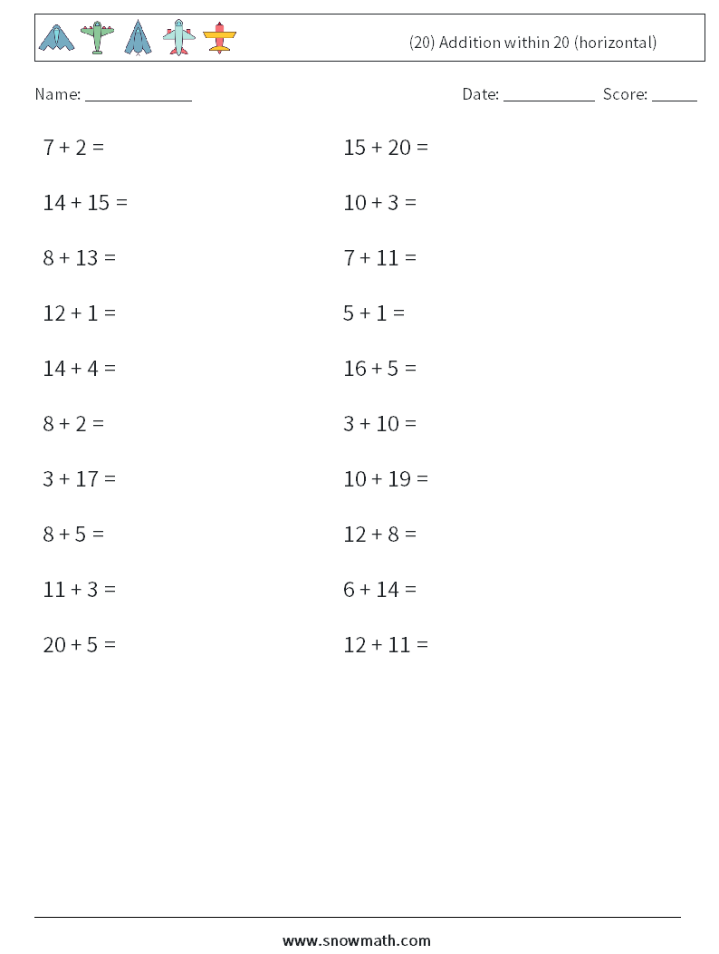 (20) Addition within 20 (horizontal) Maths Worksheets 3