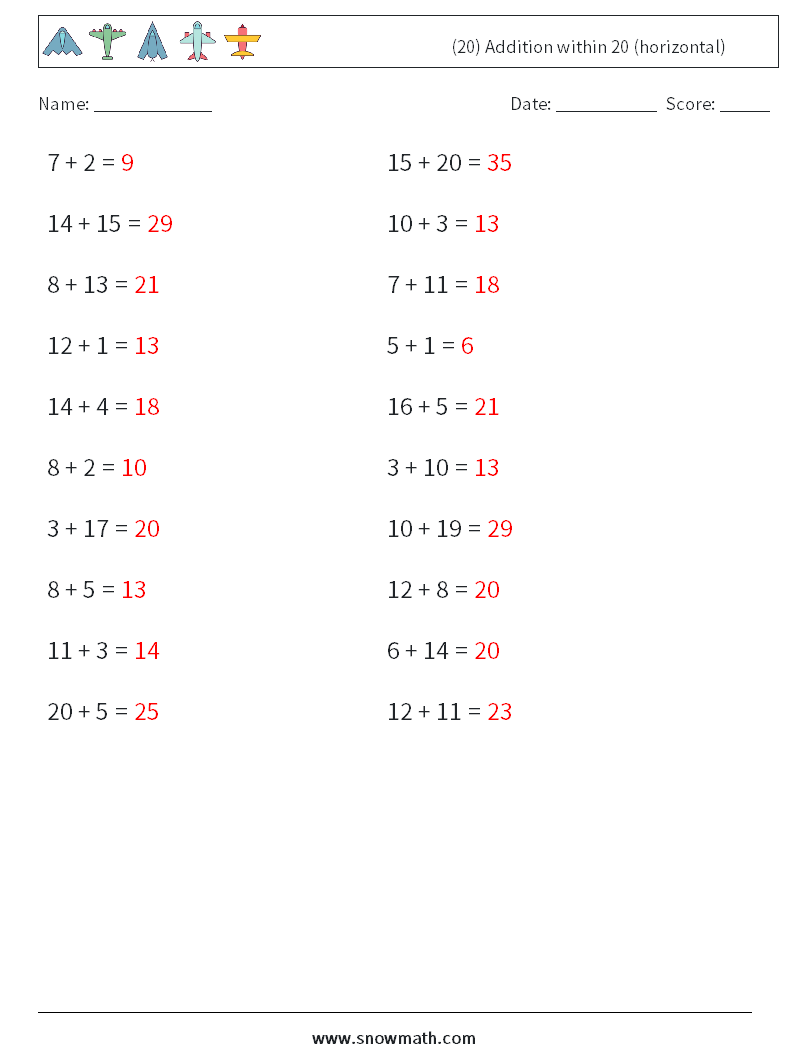 (20) Addition within 20 (horizontal) Maths Worksheets 3 Question, Answer