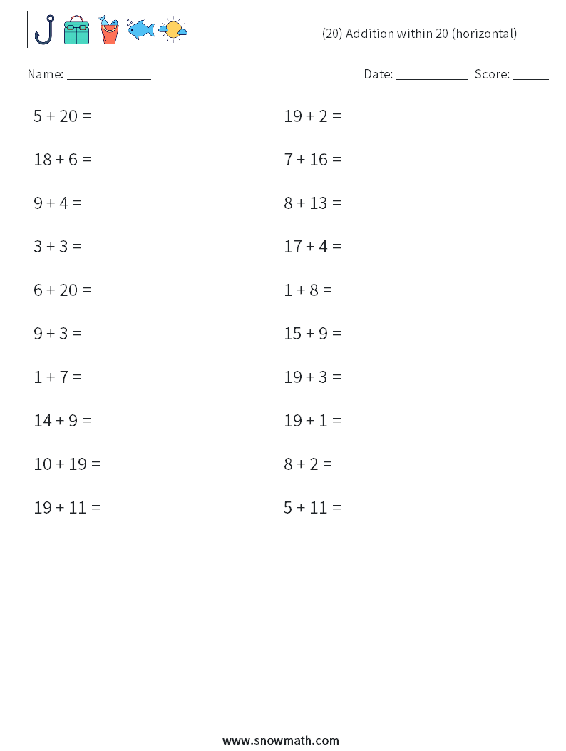 (20) Addition within 20 (horizontal) Maths Worksheets 4