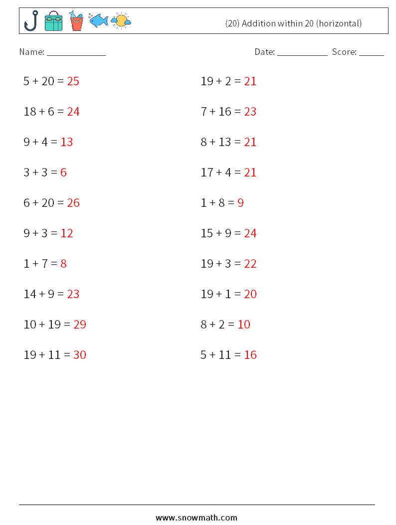 (20) Addition within 20 (horizontal) Maths Worksheets 4 Question, Answer