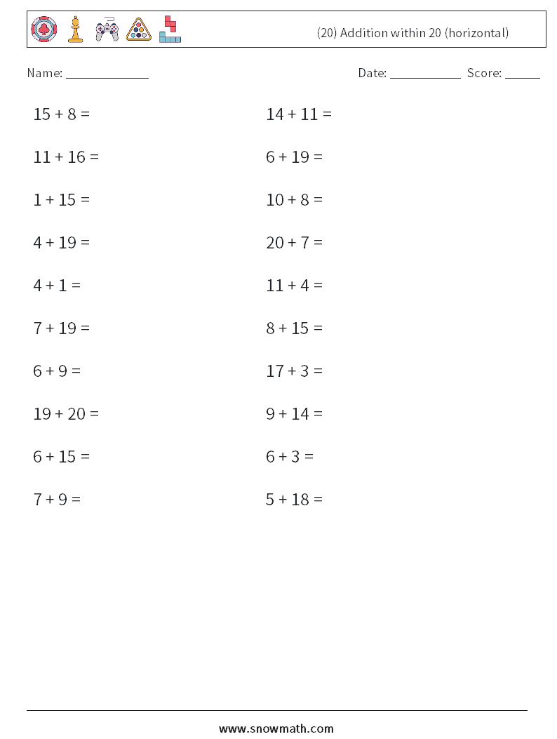 (20) Addition within 20 (horizontal) Maths Worksheets 5