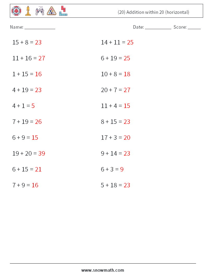 (20) Addition within 20 (horizontal) Maths Worksheets 5 Question, Answer
