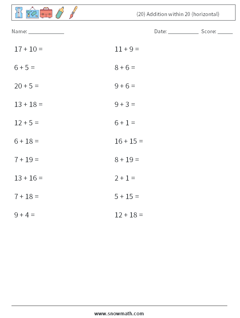 (20) Addition within 20 (horizontal) Maths Worksheets 6