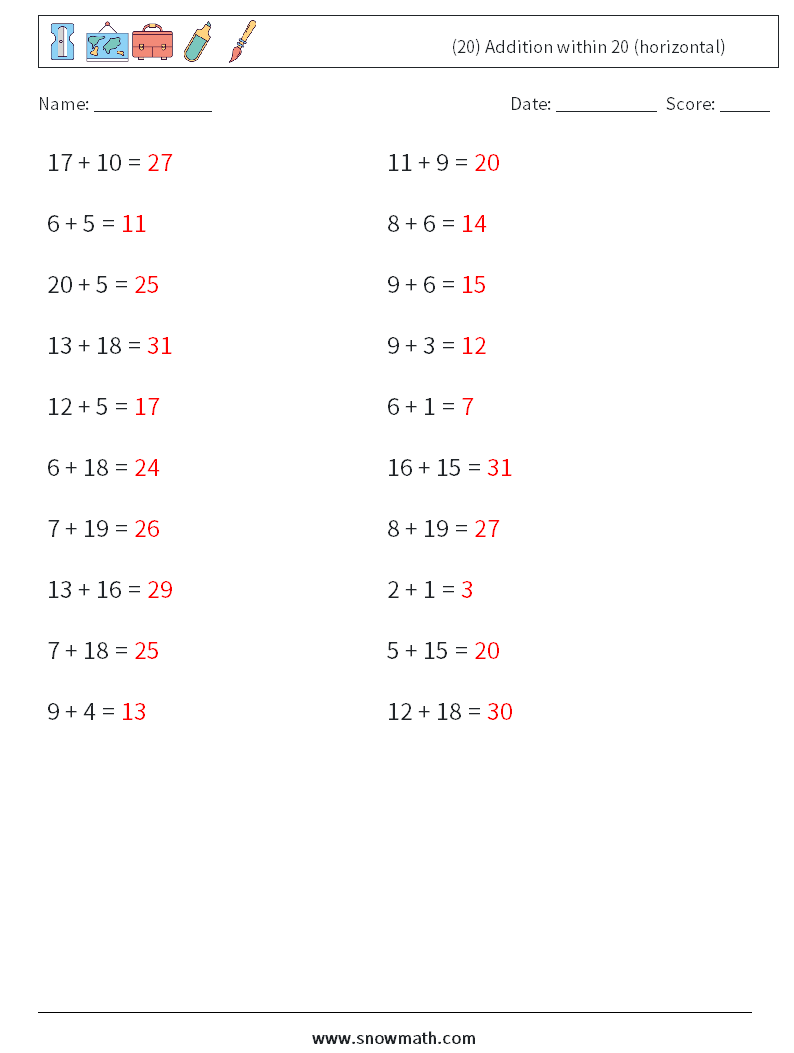 (20) Addition within 20 (horizontal) Maths Worksheets 6 Question, Answer