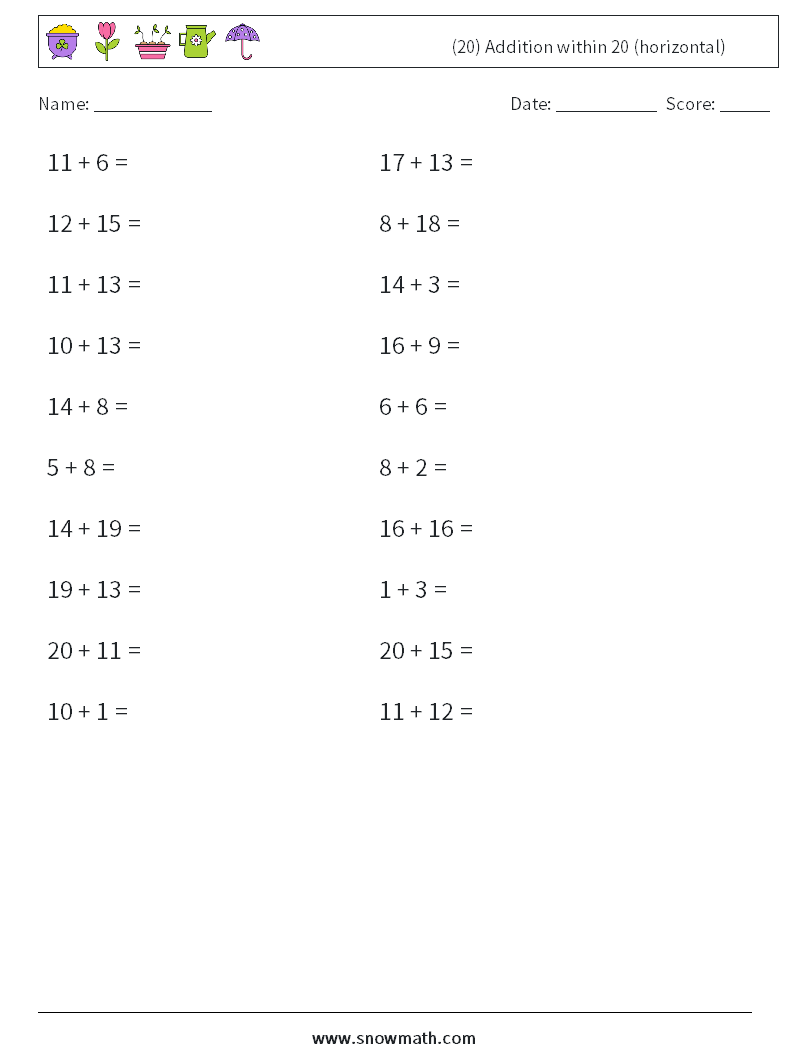 (20) Addition within 20 (horizontal) Maths Worksheets 7