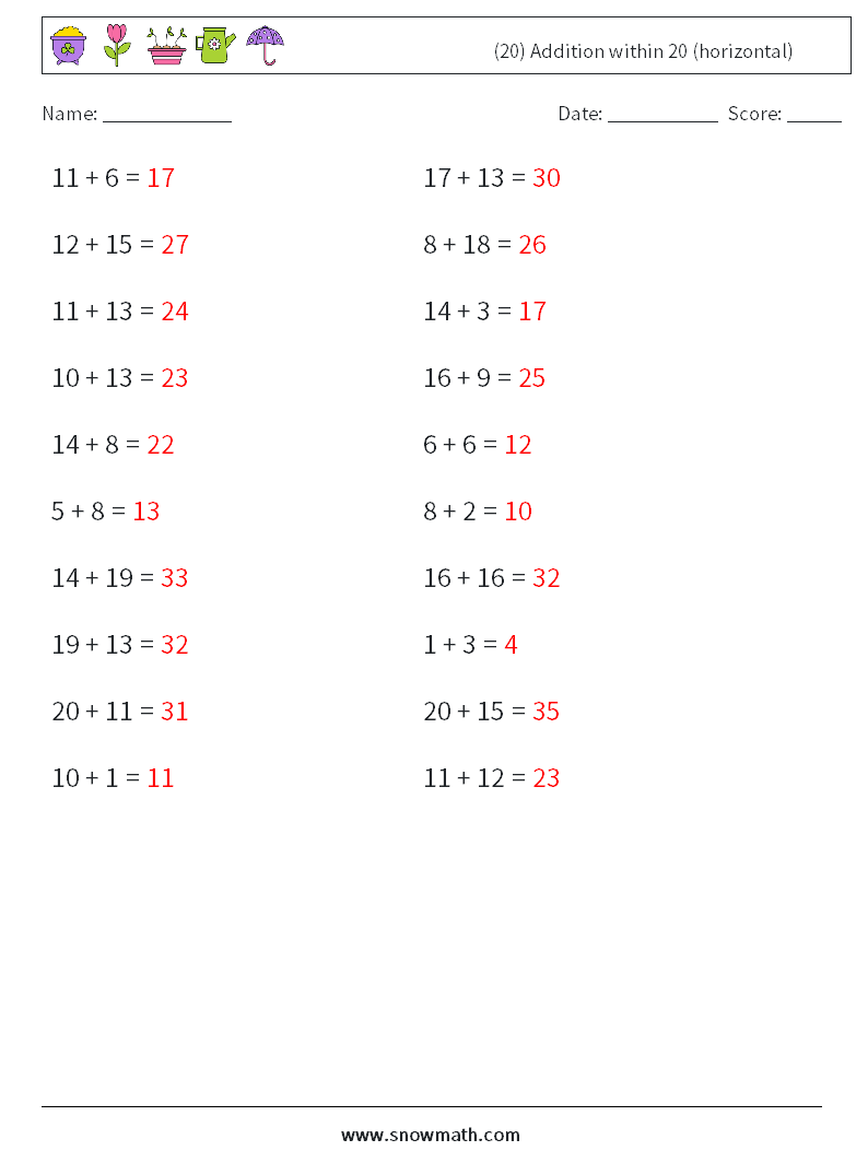 (20) Addition within 20 (horizontal) Maths Worksheets 7 Question, Answer