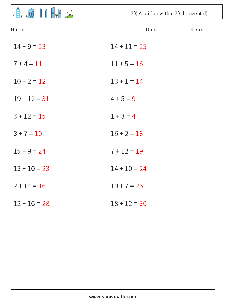 (20) Addition within 20 (horizontal) Maths Worksheets 8 Question, Answer