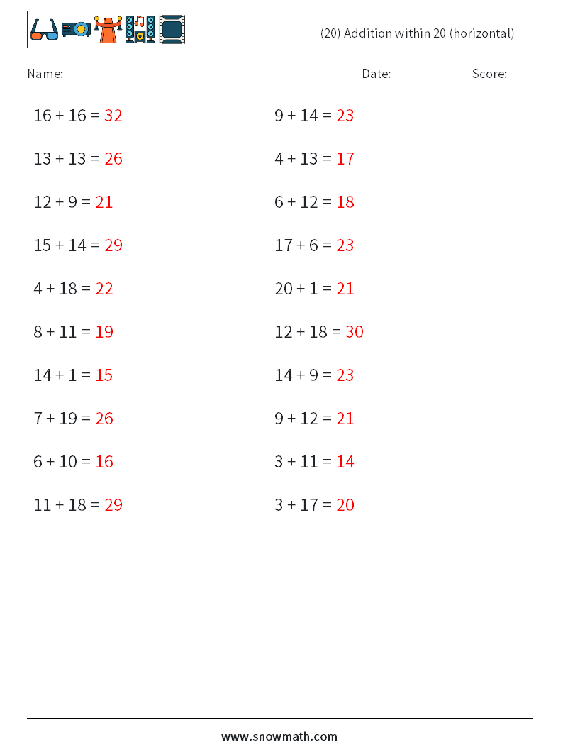 (20) Addition within 20 (horizontal) Maths Worksheets 9 Question, Answer