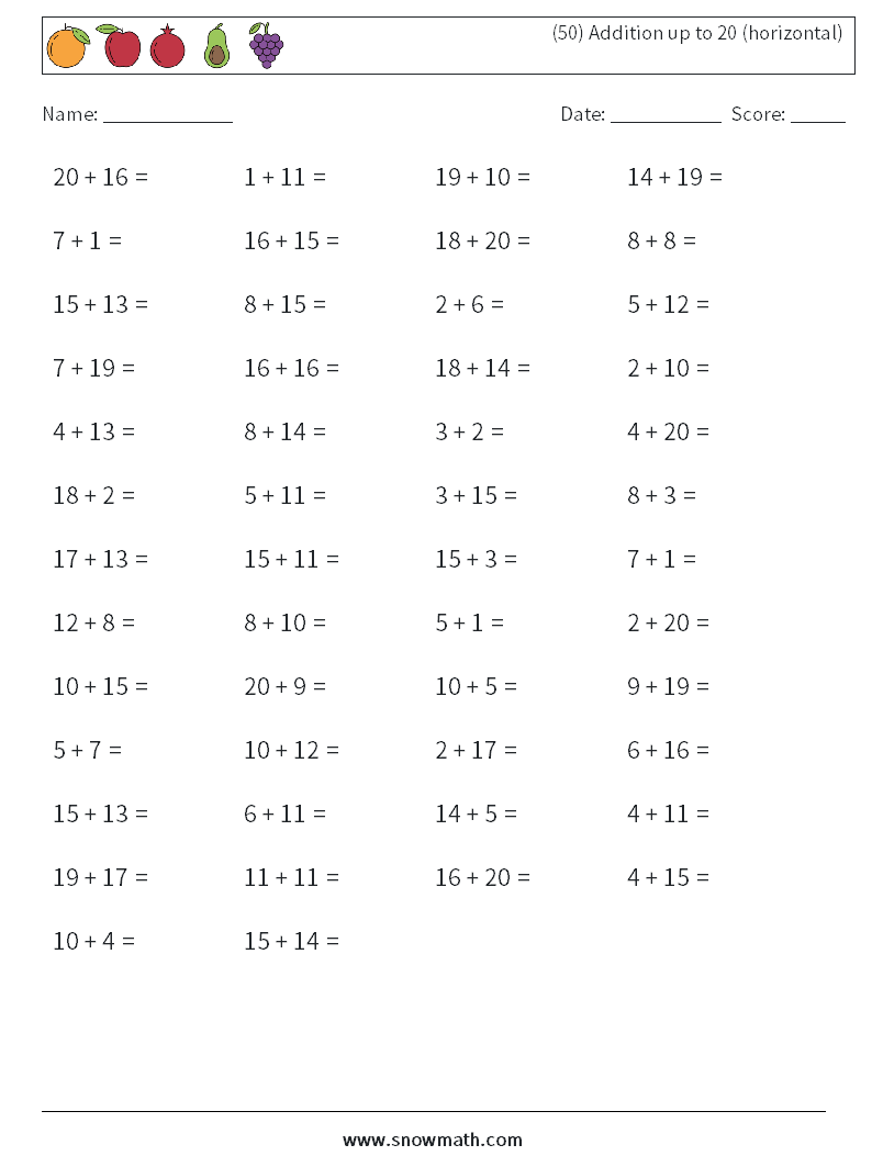 (50) Addition up to 20 (horizontal) Maths Worksheets 1