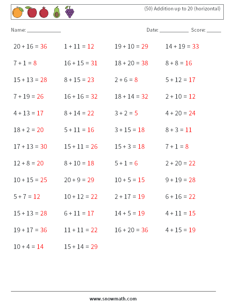 (50) Addition up to 20 (horizontal) Maths Worksheets 1 Question, Answer