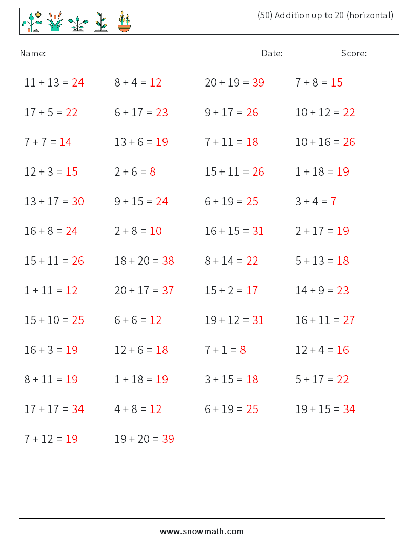 (50) Addition up to 20 (horizontal) Maths Worksheets 2 Question, Answer
