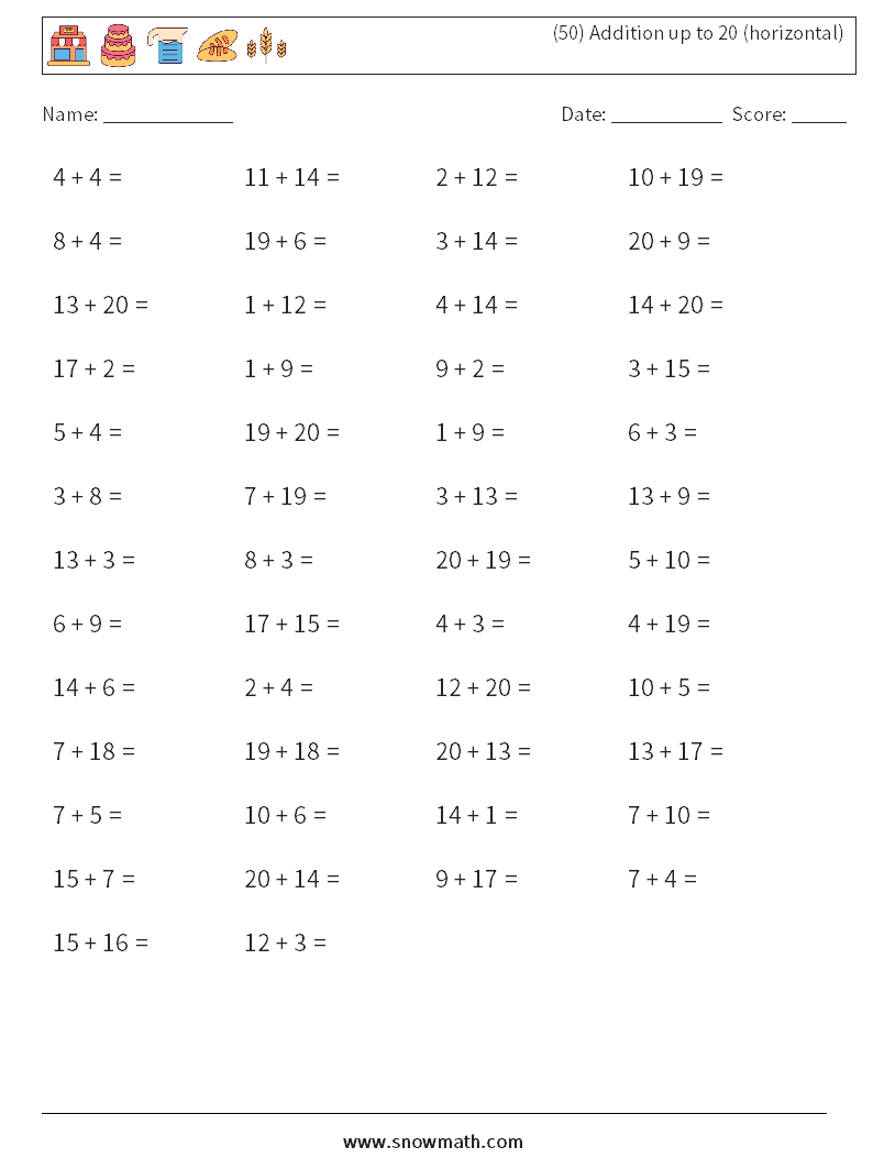 (50) Addition up to 20 (horizontal) Maths Worksheets 3