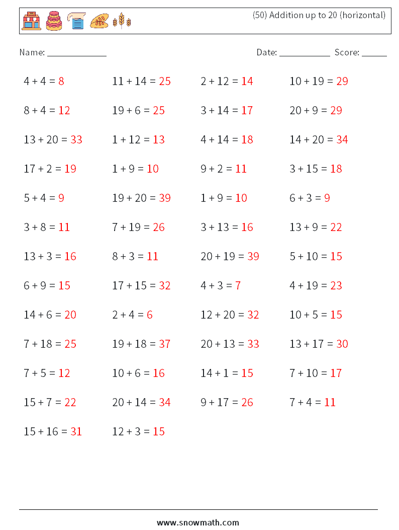 (50) Addition up to 20 (horizontal) Maths Worksheets 3 Question, Answer