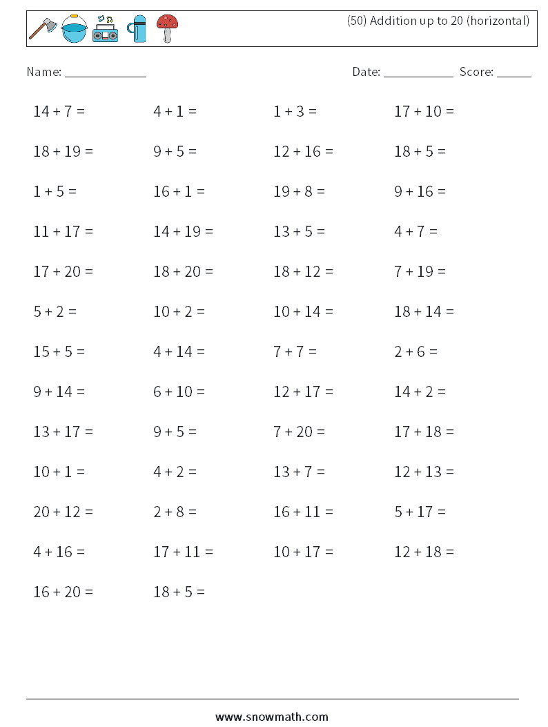 (50) Addition up to 20 (horizontal) Maths Worksheets 4