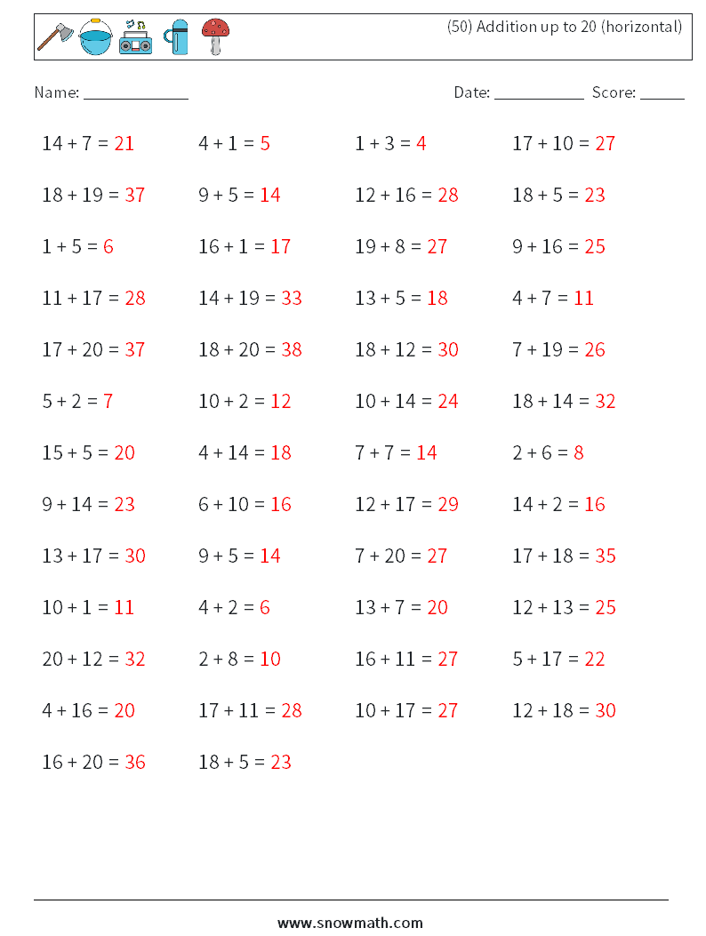 (50) Addition up to 20 (horizontal) Maths Worksheets 4 Question, Answer
