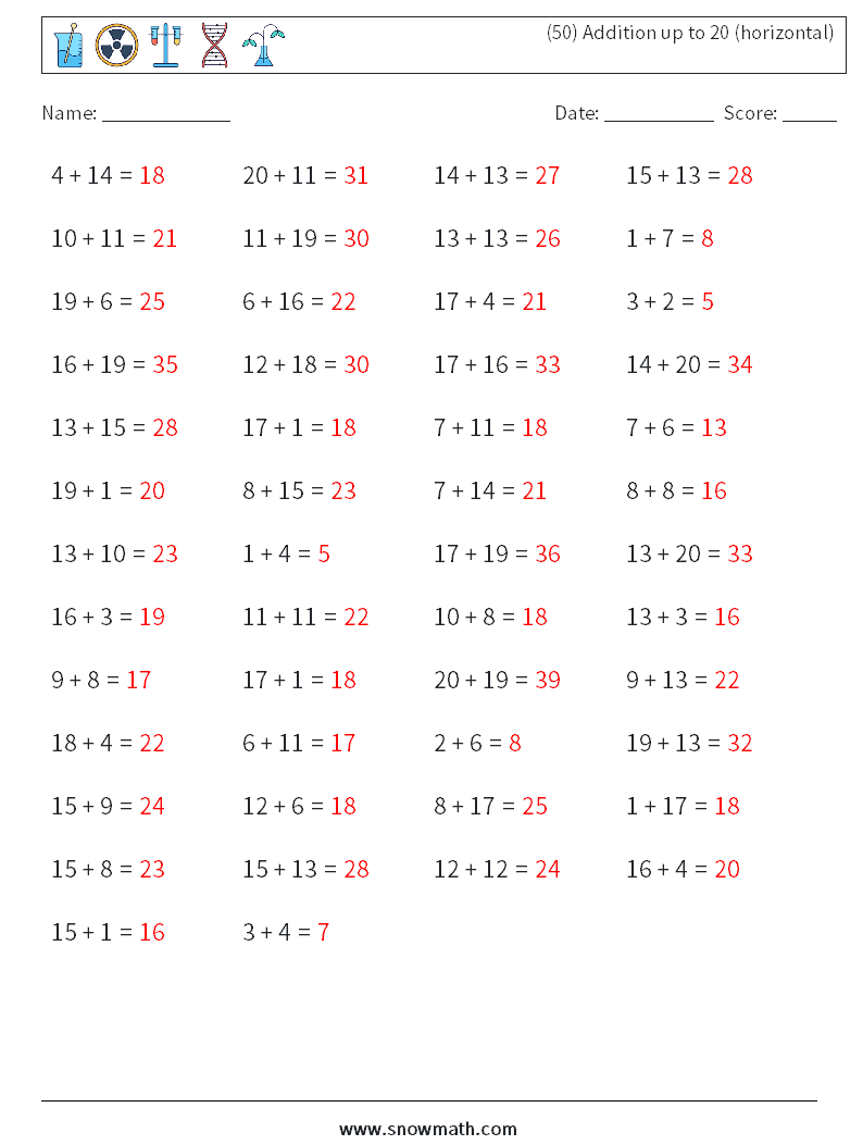 (50) Addition up to 20 (horizontal) Maths Worksheets 5 Question, Answer
