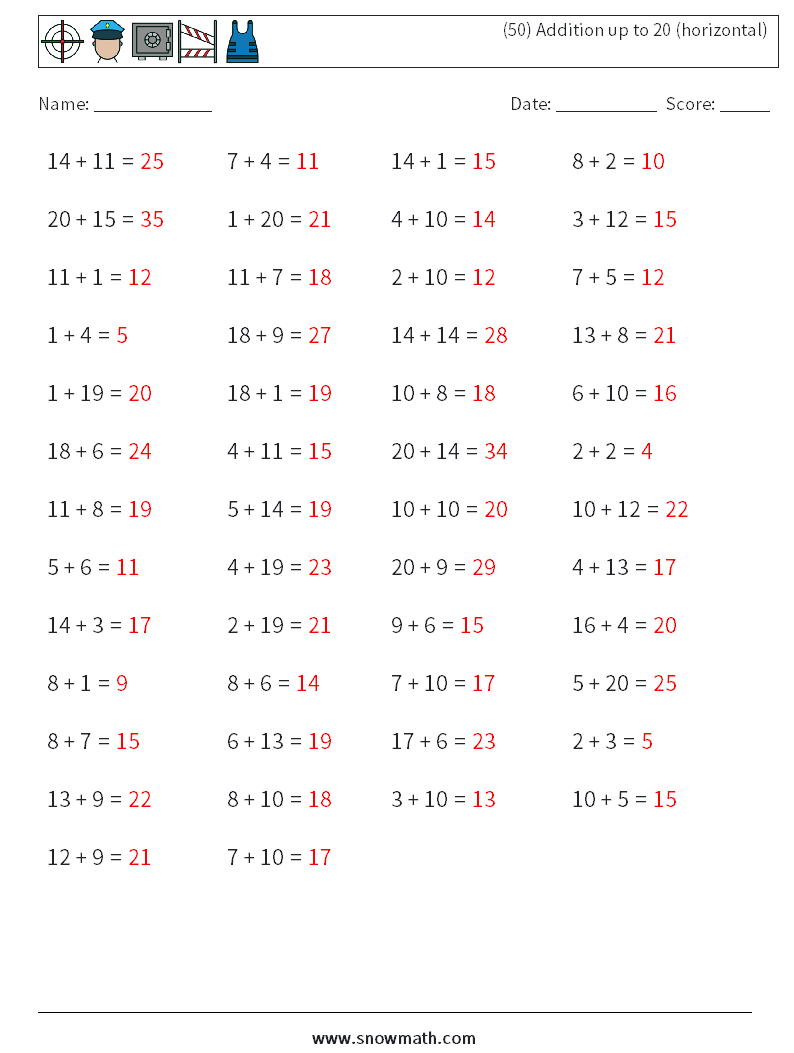 (50) Addition up to 20 (horizontal) Maths Worksheets 6 Question, Answer