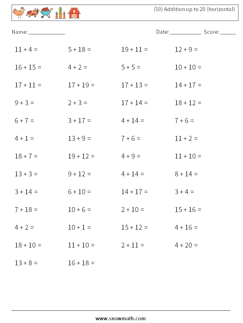 (50) Addition up to 20 (horizontal) Maths Worksheets 7