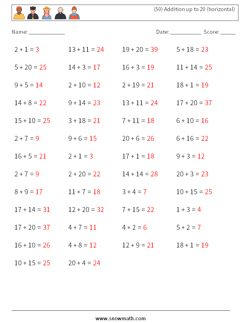 (50) Addition up to 20 (horizontal) Maths Worksheets 8 Question, Answer