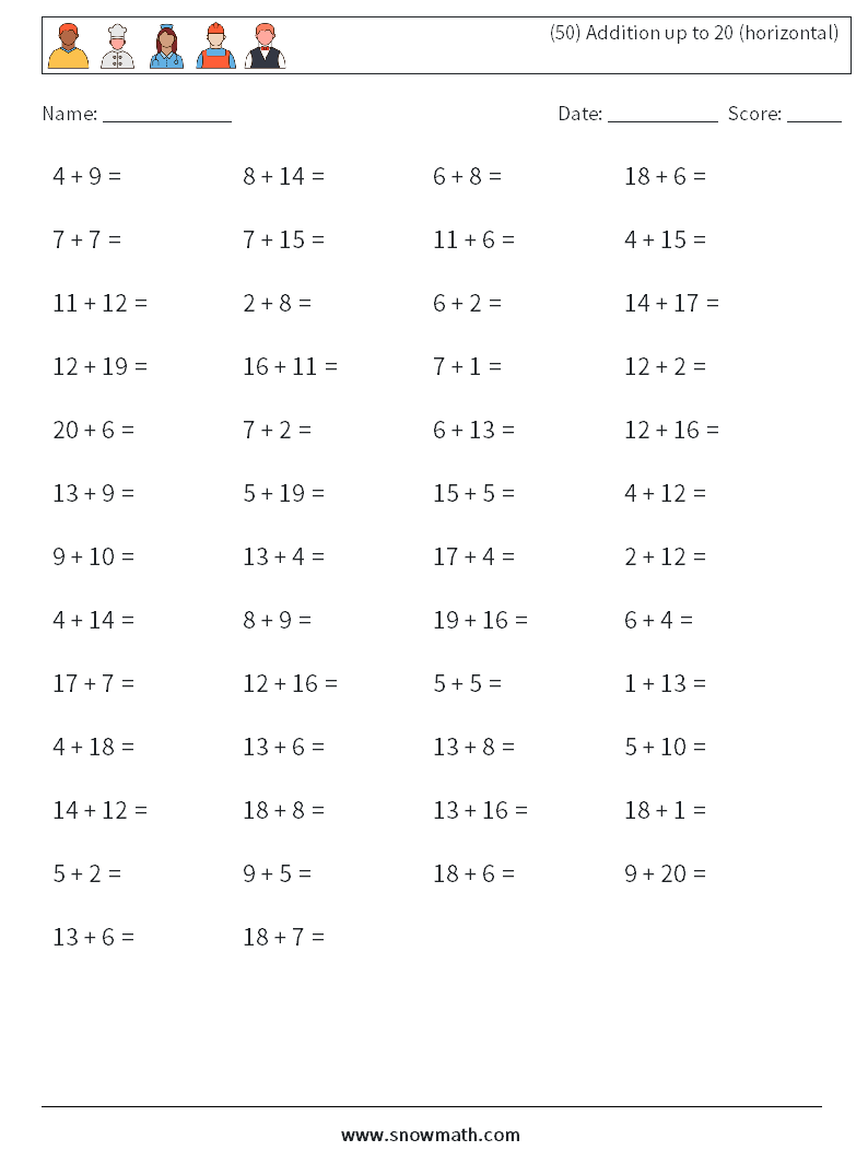 (50) Addition up to 20 (horizontal) Maths Worksheets 9