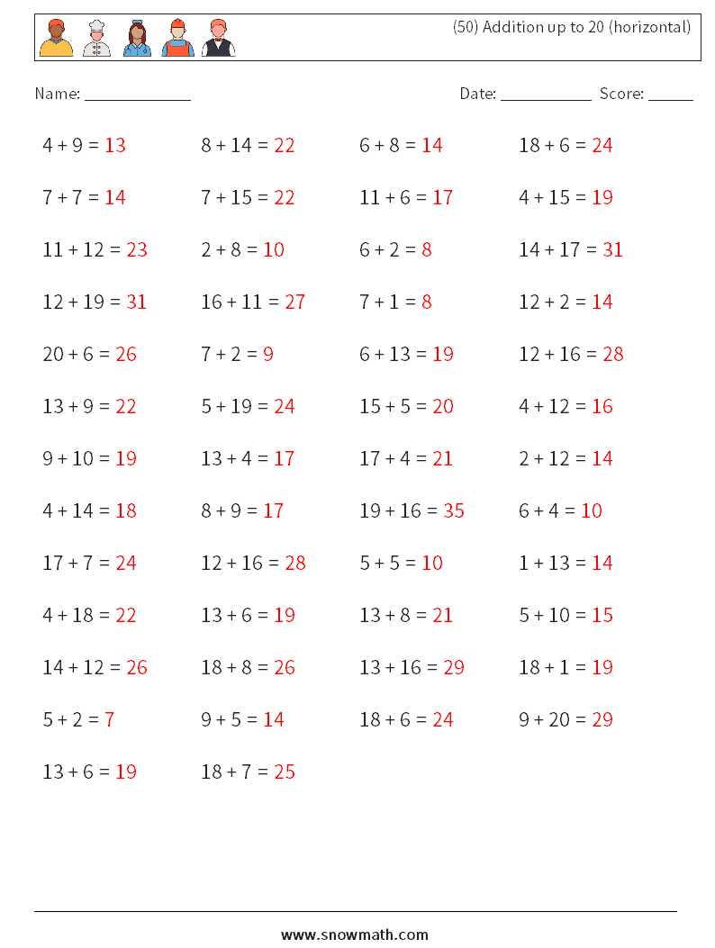 (50) Addition up to 20 (horizontal) Maths Worksheets 9 Question, Answer