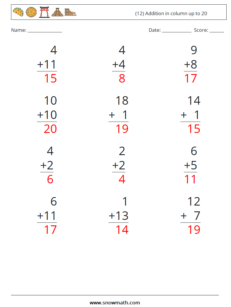 (12) Addition in column up to 20 Maths Worksheets 11 Question, Answer