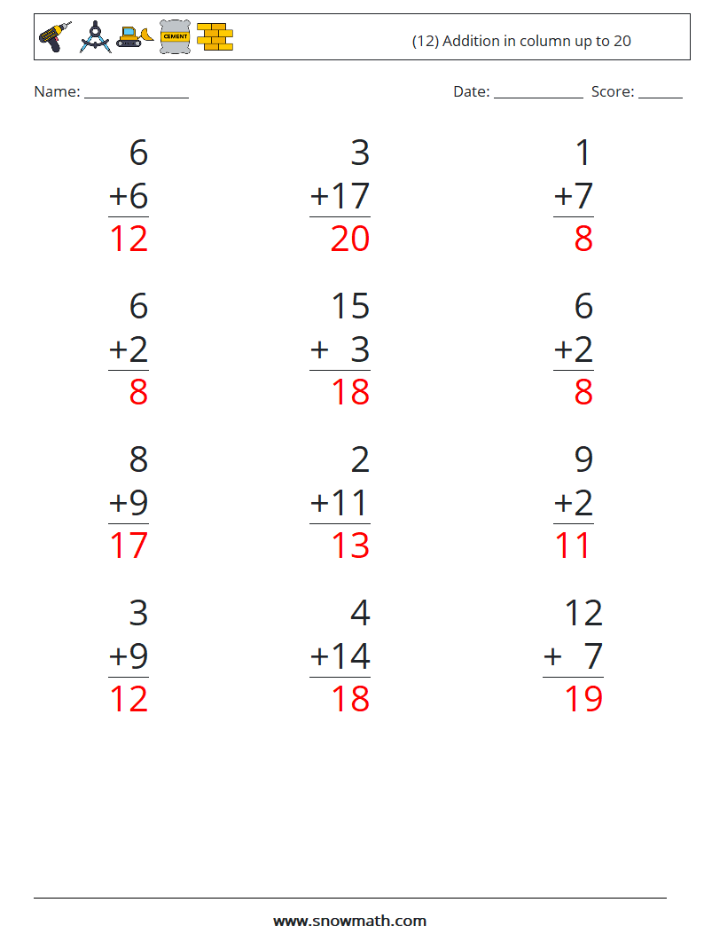 (12) Addition in column up to 20 Maths Worksheets 12 Question, Answer