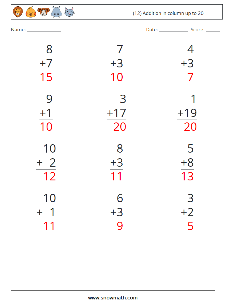 (12) Addition in column up to 20 Maths Worksheets 17 Question, Answer