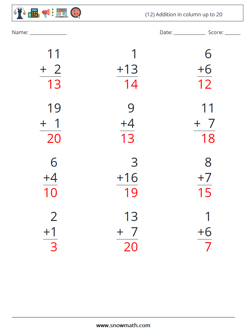 (12) Addition in column up to 20 Maths Worksheets 18 Question, Answer