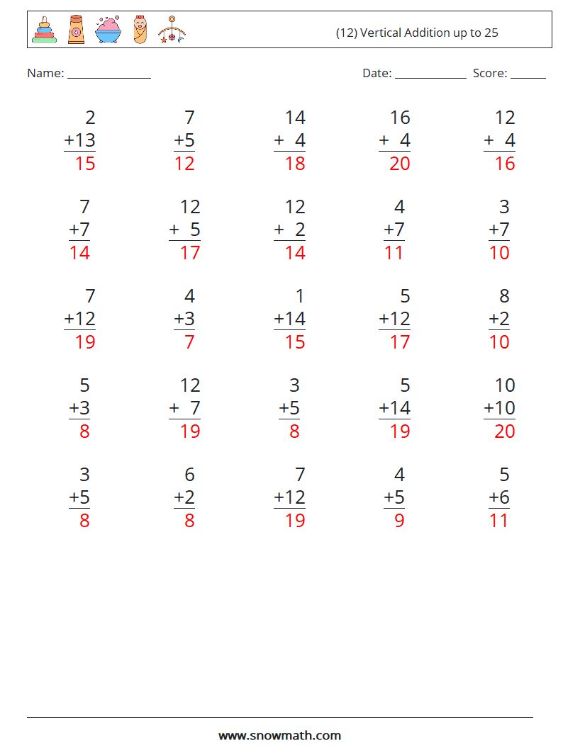 (12) Vertical Addition up to 25 Maths Worksheets 10 Question, Answer