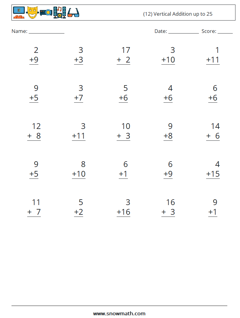 (12) Vertical Addition up to 25 Maths Worksheets 11