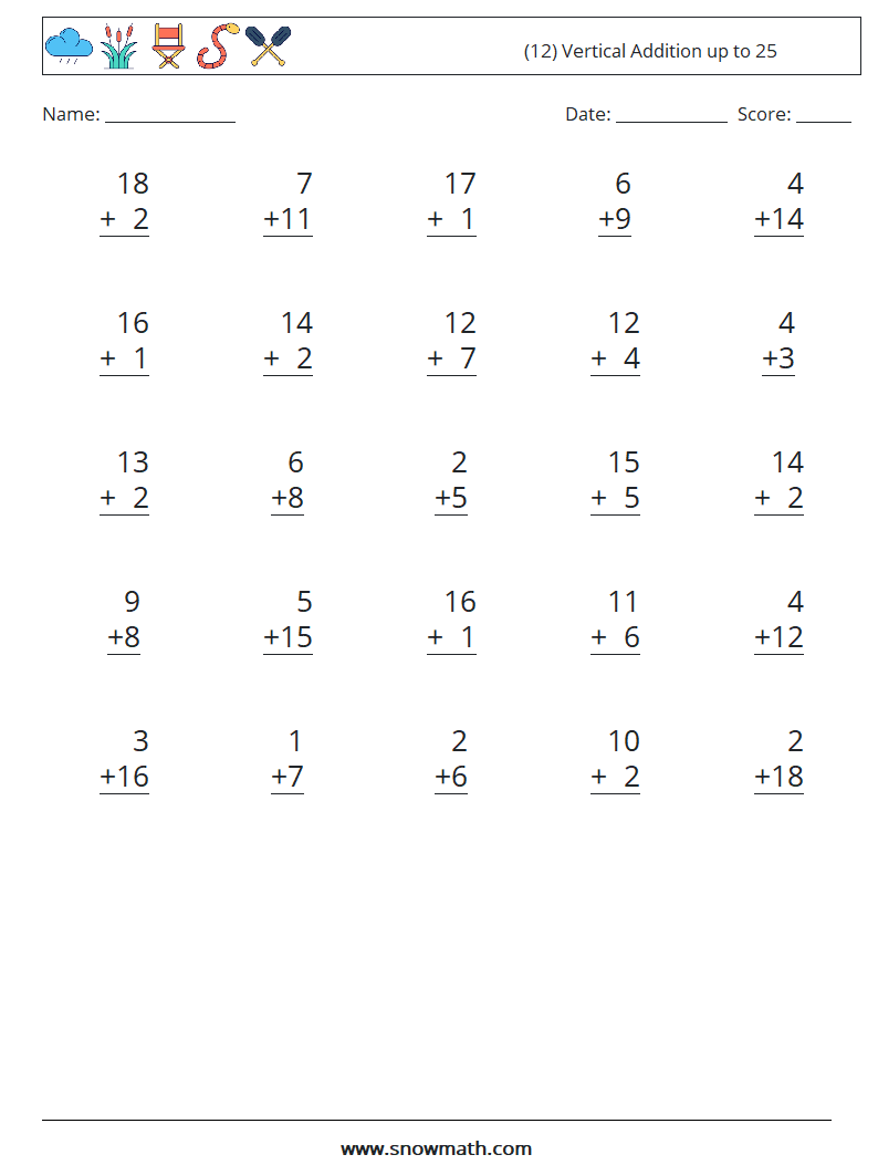(12) Vertical Addition up to 25 Maths Worksheets 13
