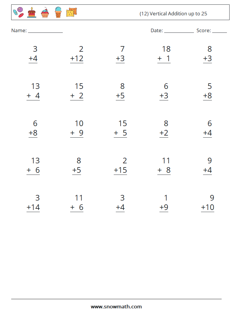 (12) Vertical Addition up to 25 Maths Worksheets 14