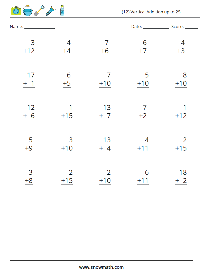 (12) Vertical Addition up to 25 Maths Worksheets 16